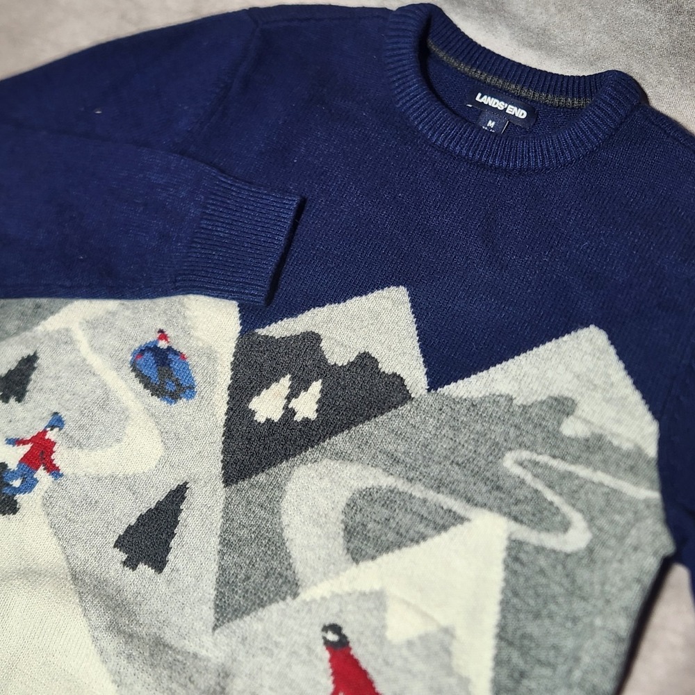 LANDS' END crewneck Pullover Sweater Ski/Snowboard Winter Scene Wool blend sz M